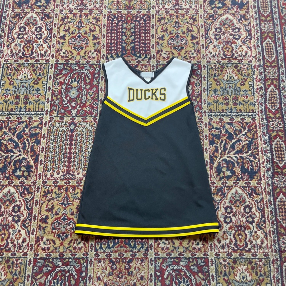 VTG 80s 90sOregon Ducks Cheerleader‎ Mini Dress Uniform Top Black Yellow USA 8 M